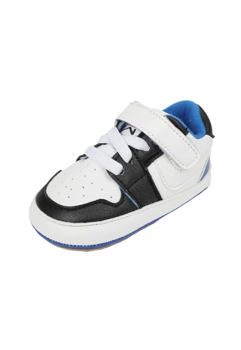 Superbaby Pantofi Sport Model Smart - Piele ecologica - Baieti - Siret - Velcro - Alb/Negru/Albastru