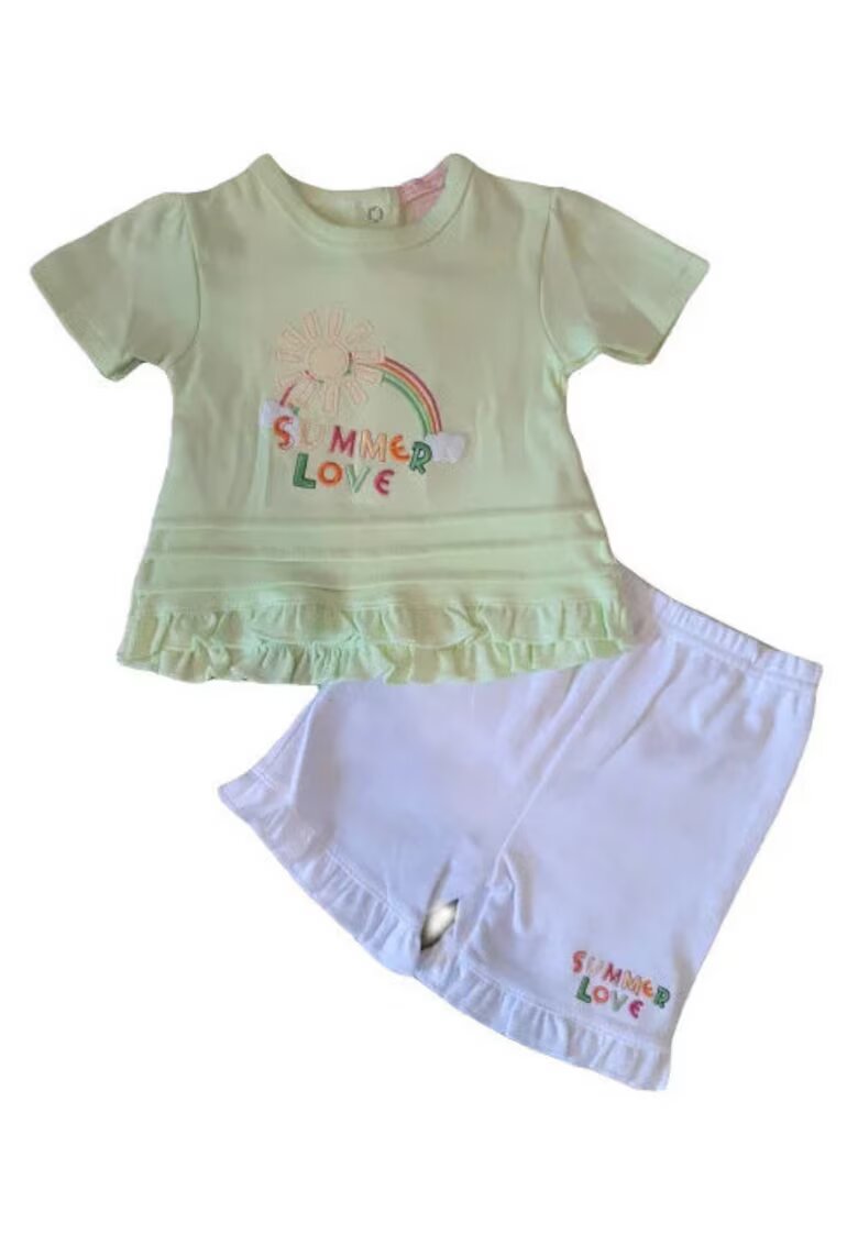 SuperBebeShop Compleu Cu Pantaloni Scurti - Model Summer Love Sun - Bumbac - Fete - Maneca scurta - Multicolor