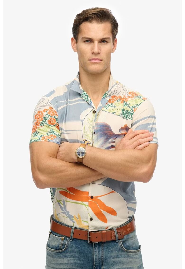 Superdry  Co Camasa cu model floral si guler ascutit - Albastru prafuit/Bej deschis