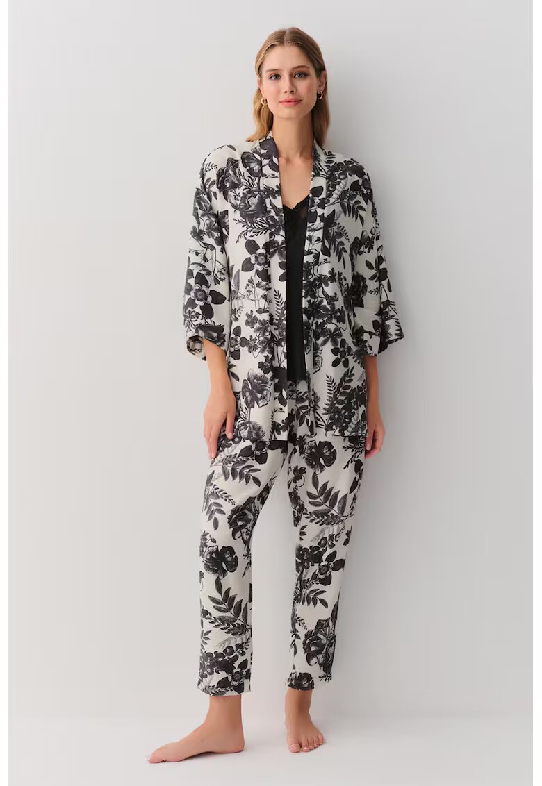 Suwen Pijama cu pantaloni lungi si imprimeu floral - Alb/Gri antracit