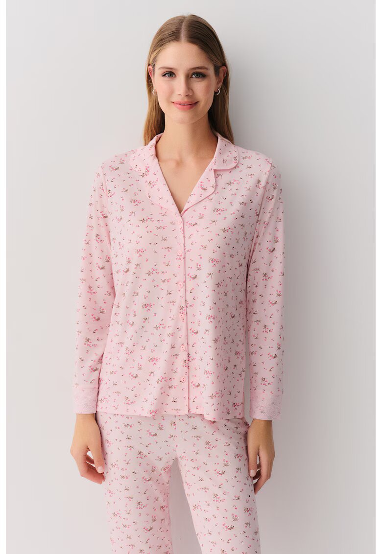 Suwen Pijama cu pantaloni lungi si model floral - Roz aprins/Roz pastel