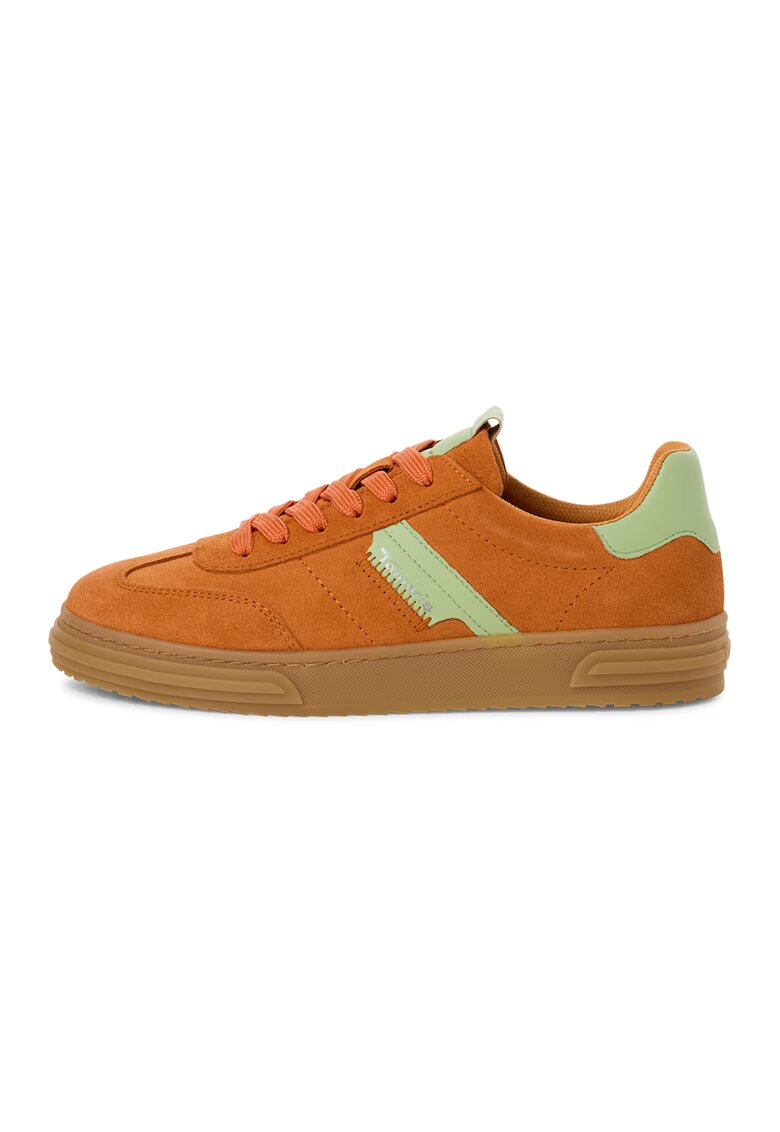 Tamaris Pantofi sport low-cut de piele intoarsa si piele ecologica - Portocaliu stins/Verde deschis