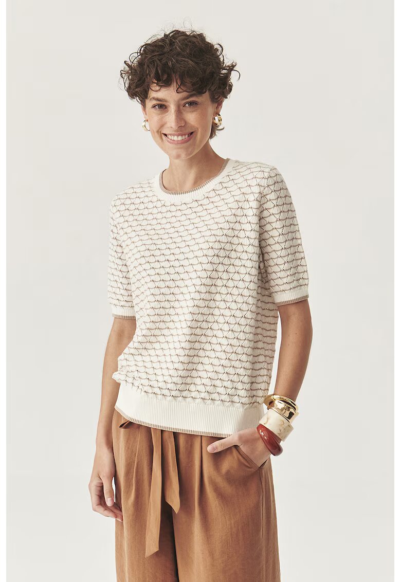 Tatuum Tricou crosetat cu model in dungi - Alb fildes/Maro