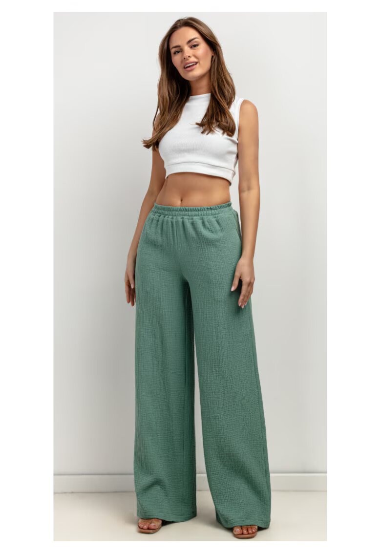 Tessita Pantaloni texturati cu croiala ampla si talie elastica