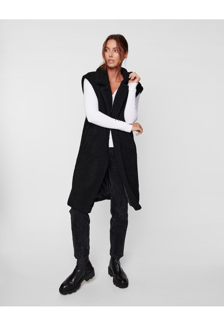 Threadbare Vesta lunga cu blana sharling sintetica si revere decupate Bella Borg 2847 - Negru