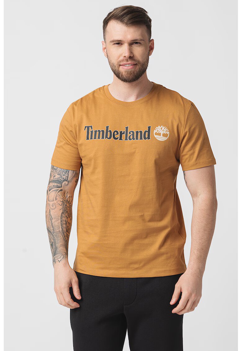 Timberland Tricou cu decolteu la baza gatului si imprimeu logo Linear - Caramel