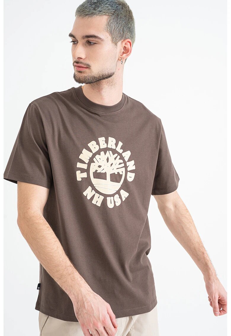 Timberland Tricou cu decolteu la baza gatului si logo texturat - Alb fildes/Maro