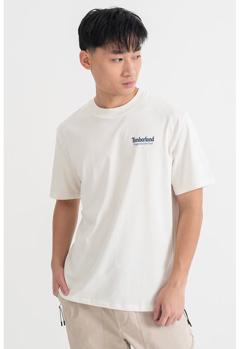 Timberland Tricou de bumbac cu decolteu la baza gatului si logo - Alb fildes/Bleumarin