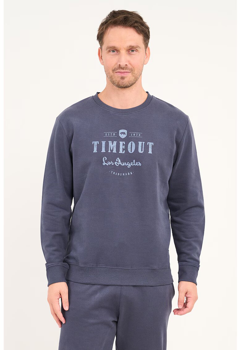 Timeout Bluza de trening cu logo si decolteu rotund - Albastru inchis