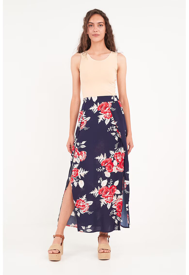 Timeout Fusta lunga cu model floral si slit lateral - Rosu/Bleumarin