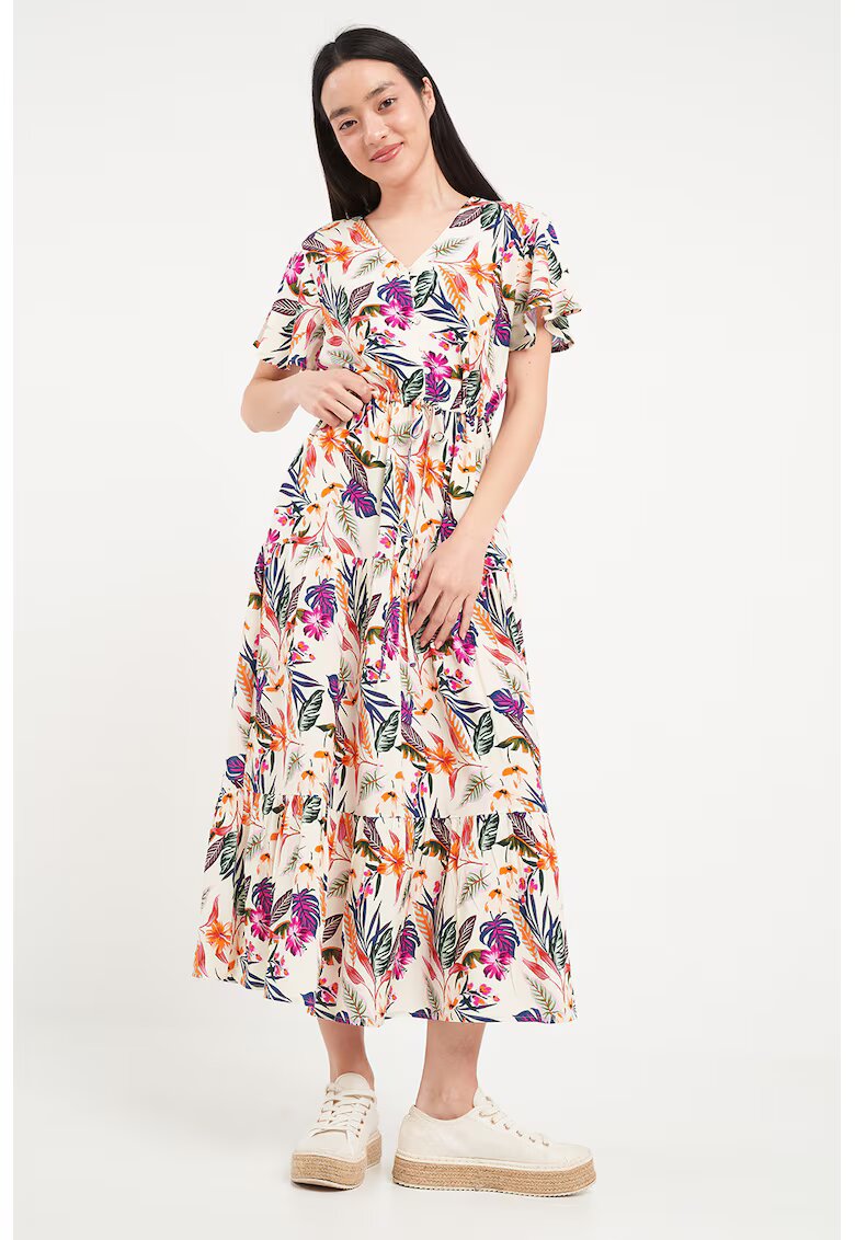 Timeout Rochie lunga cu model floral si decolteu in V - Alb fildes/Portocaliu/Violet