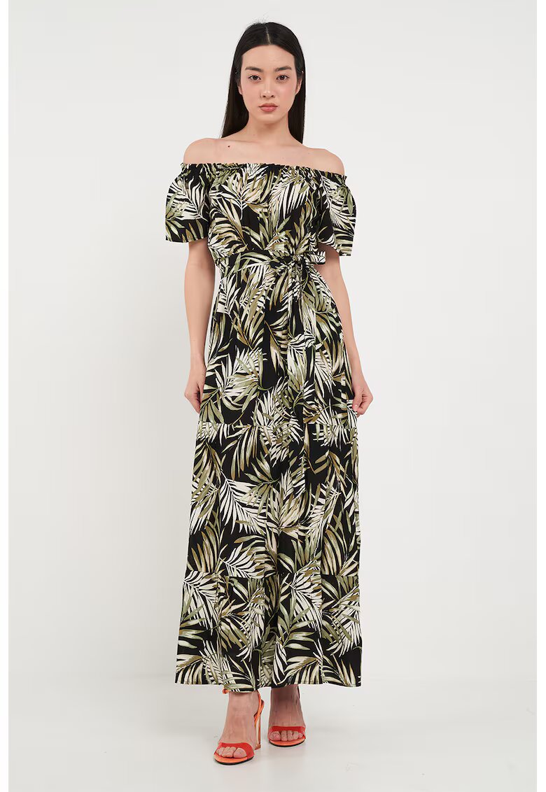 Timeout Rochie maxi cu model si decolteu pe umeri - Alb fildes/Negru/Verde sparanghel