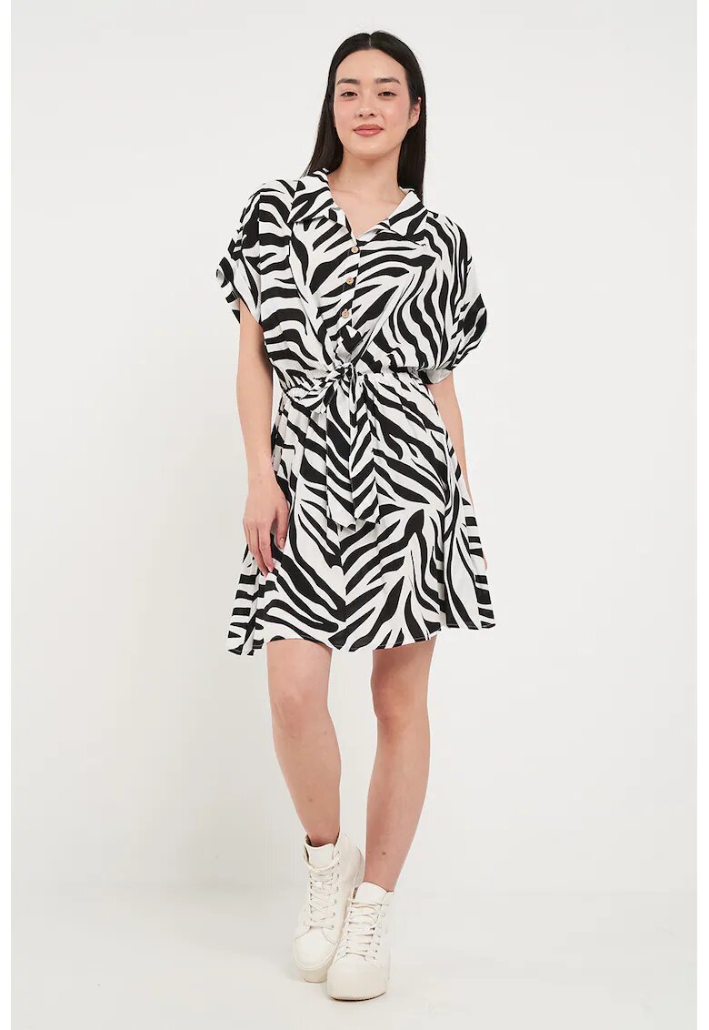Timeout Rochie mini evazata cu nasturi si zebra - Alb/Negru