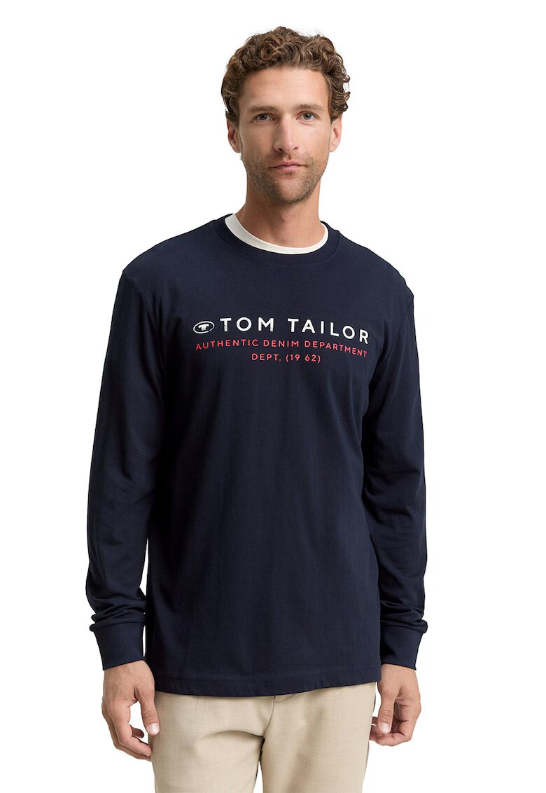 Tom Tailor Bluza cu decolteu la baza gatului si imprimeu logo - Bleumarin