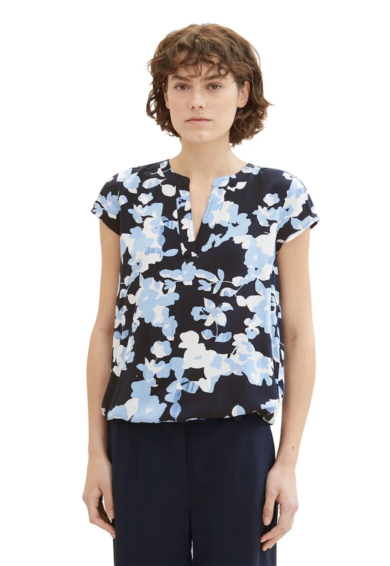 Tom Tailor Bluza cu maneci scurte si imprimeu - Albastru ultramarin/Alb optic