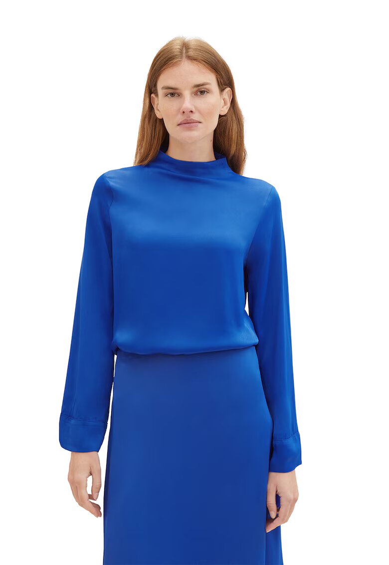 Tom Tailor Bluza de satin cu decolteu drapat - Albastru royal
