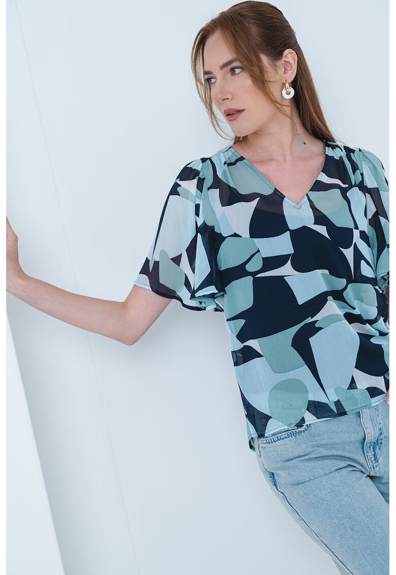 Tom Tailor Bluza de sifon cu maneci fluture - Alb/Negru/Verde pal