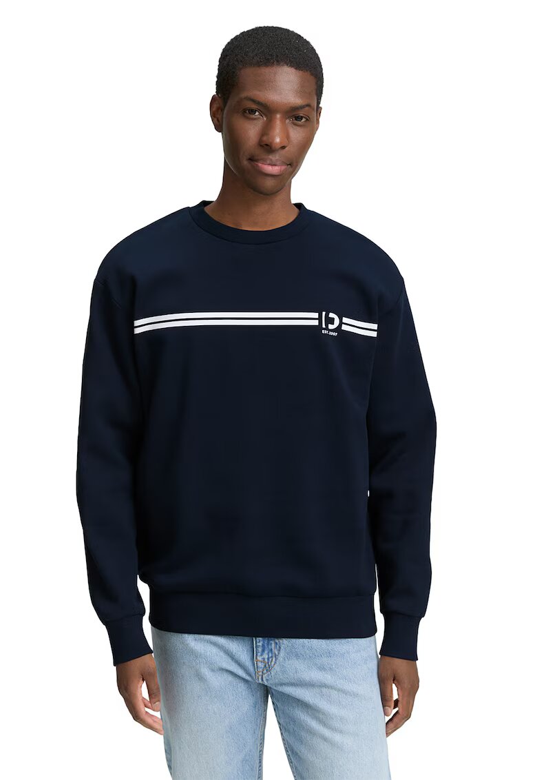 Tom Tailor Bluza de trening cu decolteu la baza gatului si imprimeu grafic - Alb/Bleumarin