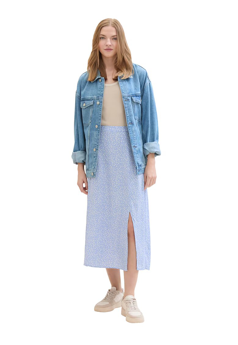 Tom Tailor Fusta midi cu slit lateral - Albastru pastel/Alb murdar