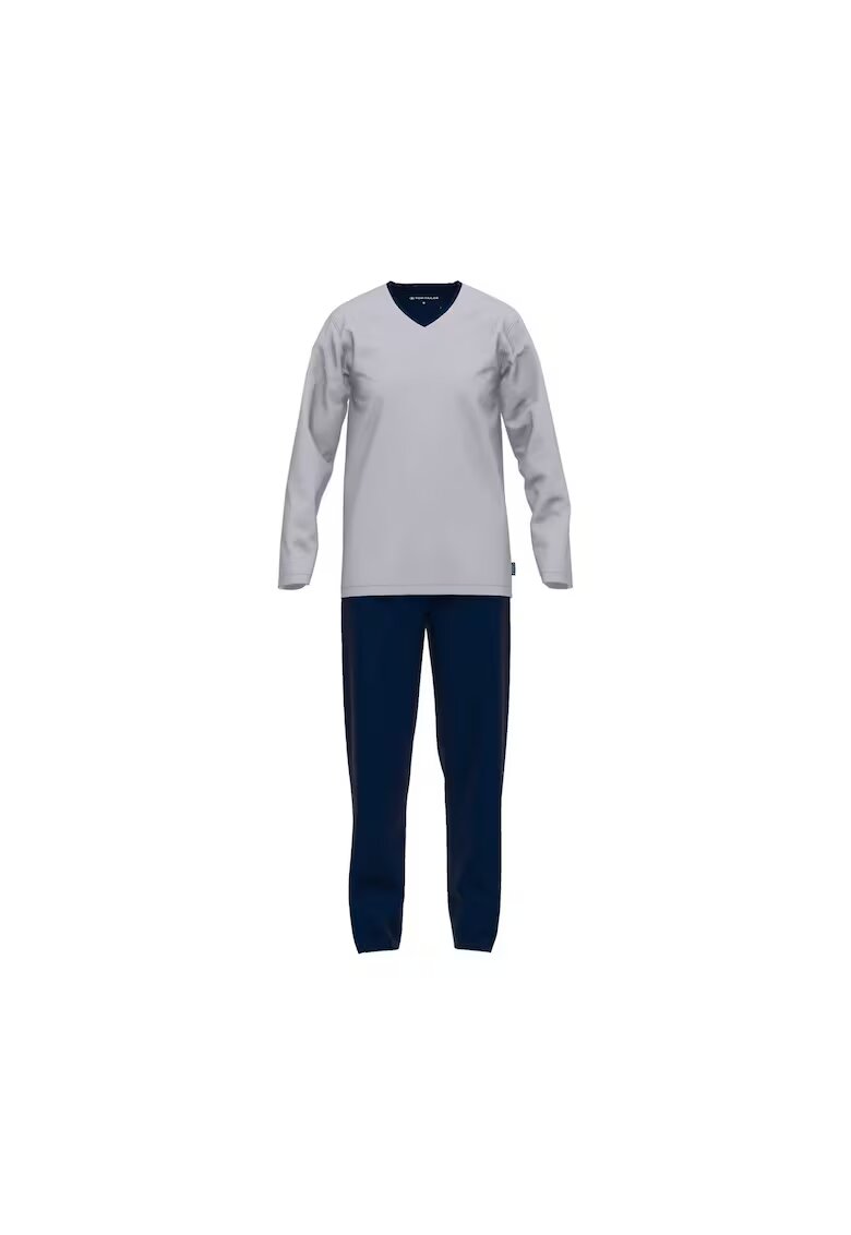 Tom Tailor Pijama lunga cu decolteu in V - Gri deschis/Albastru inchis