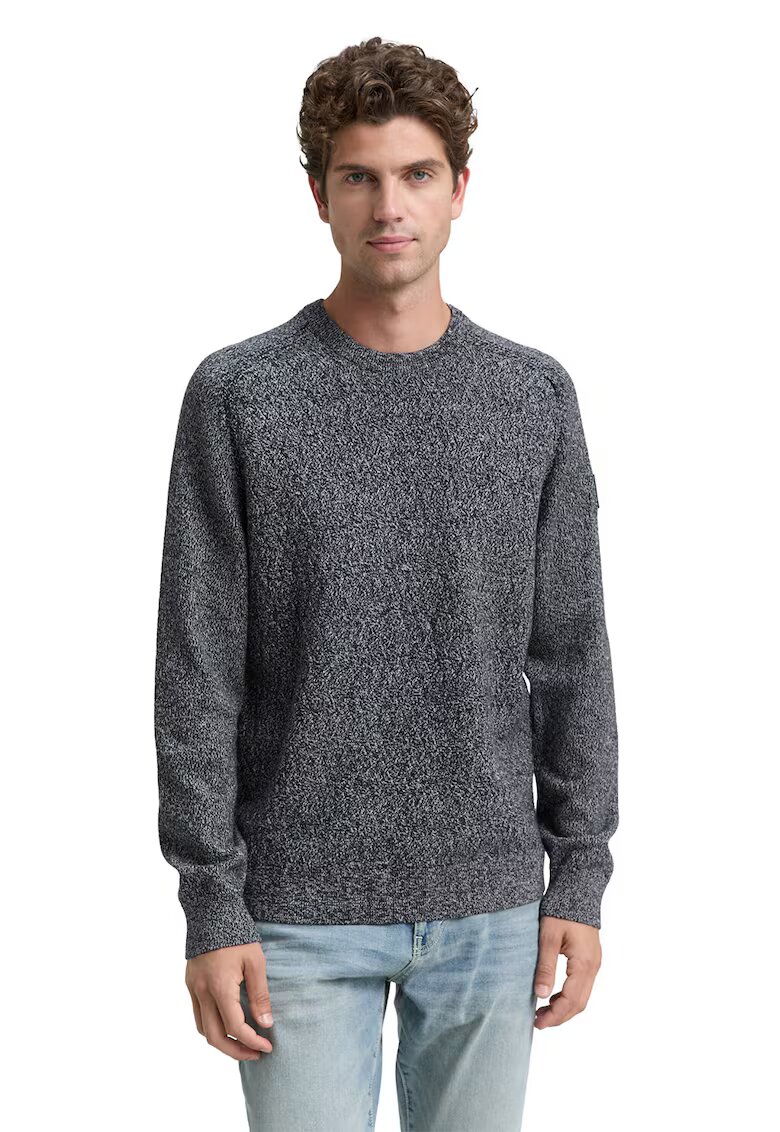 Tom Tailor Pulover cu maneci raglan si decolteu la baza gatului - Gri inchis melange/Bleumarin