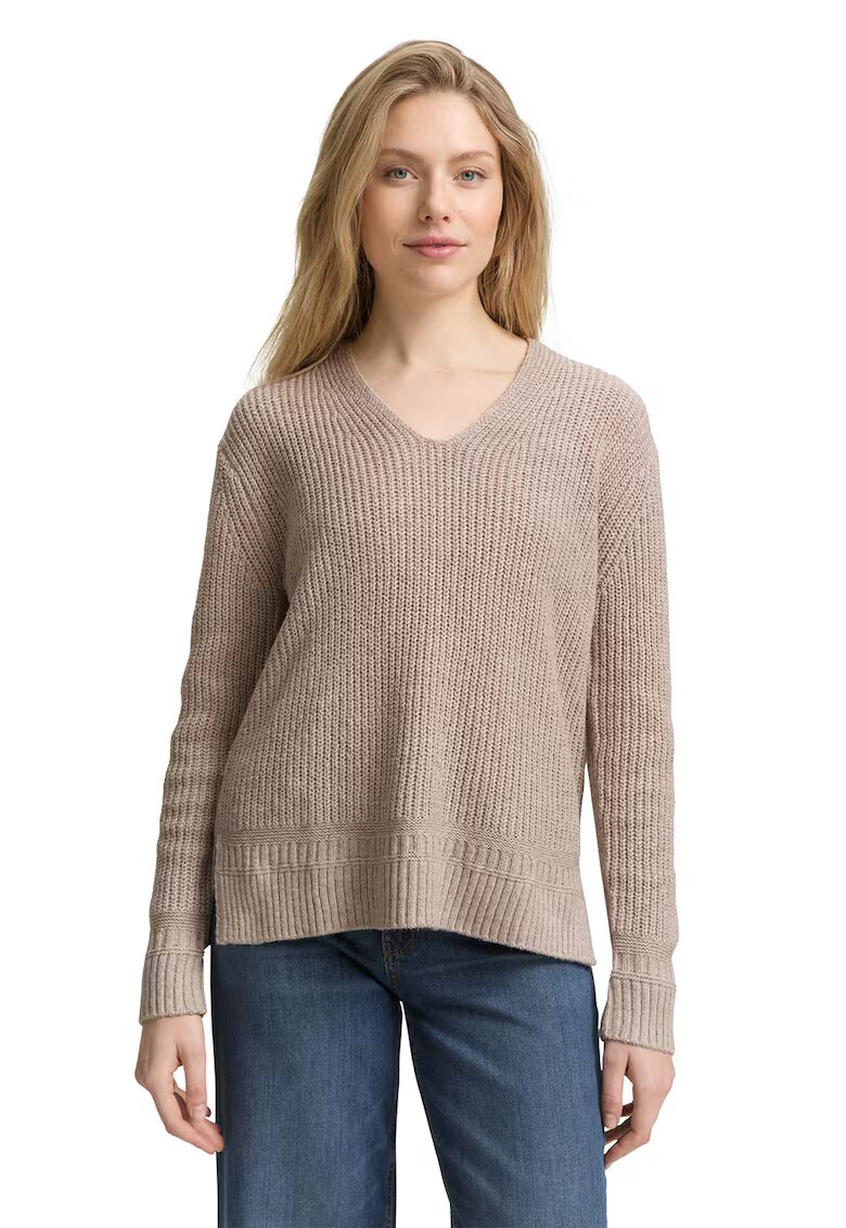 Tom Tailor Pulover cu striatii si decolteu in V - Maro taupe deschis