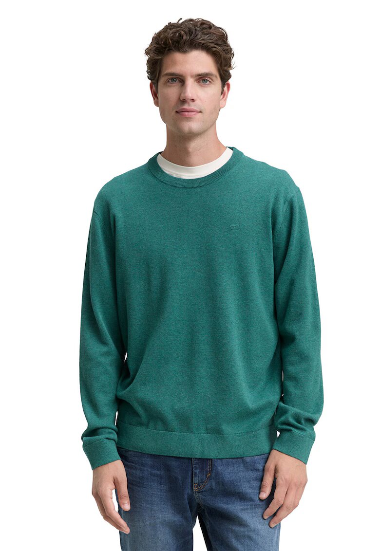 Tom Tailor Pulover din bumbac cu decolteu la baza gatului - Verde aquamarin