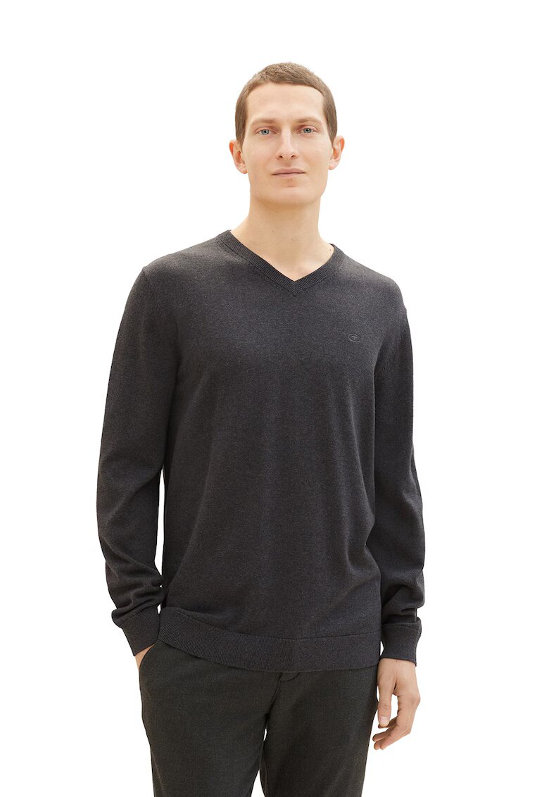 Tom Tailor Pulover tricotat fin cu decolteu in V - Negru melange