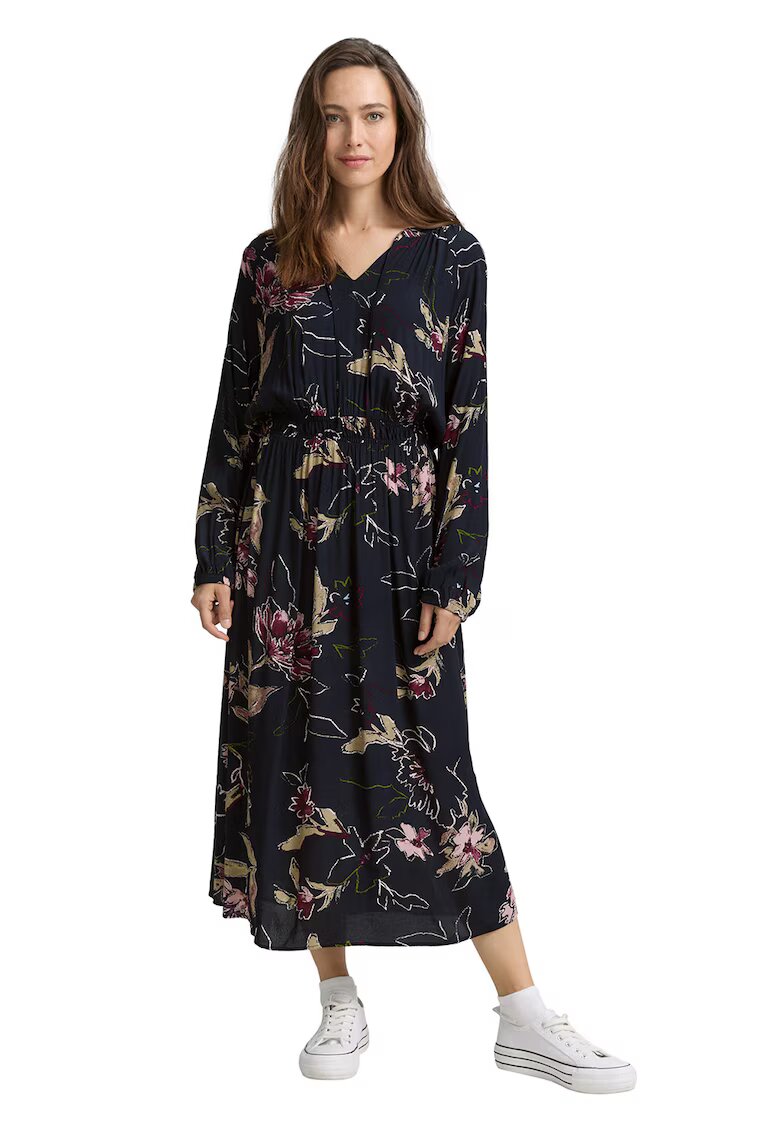 Tom Tailor Rochie maxi cu croiala in A si model floral - Roz/Bleumarin