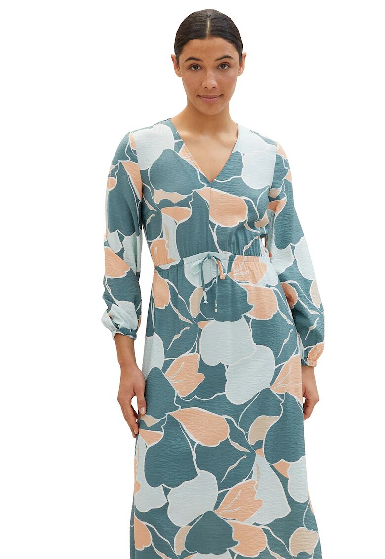 Tom Tailor Rochie midi cu decolteu in V si cordon - Portocaliu pal/Albastru