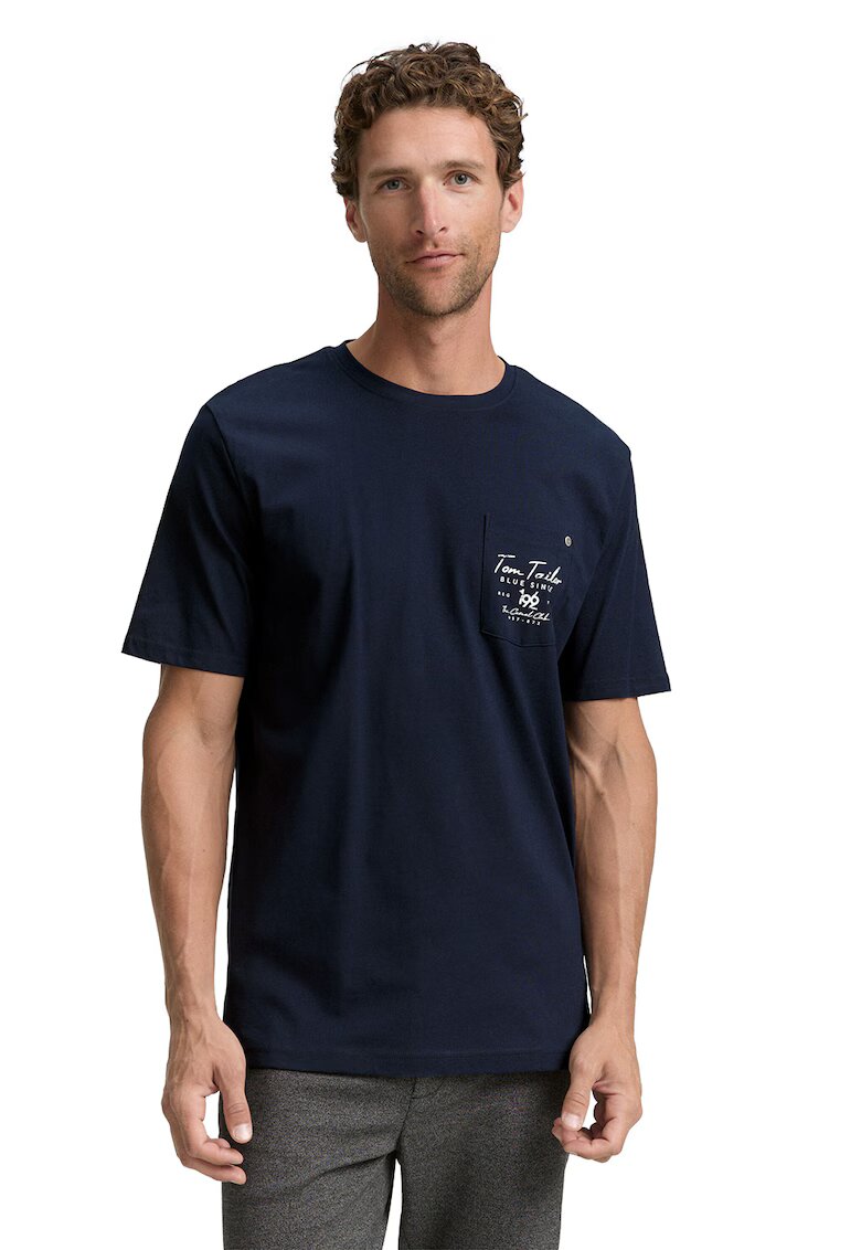 Tom Tailor Tricou cu decolteu la baza gatului si buzunar pe piept - Albastru