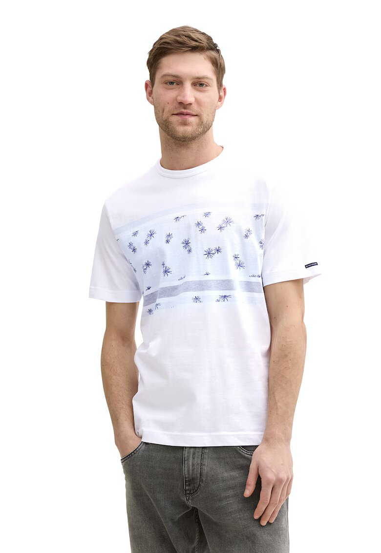 Tom Tailor Tricou cu decolteu la baza gatului si imprimeu - Alb/Albastru deschis