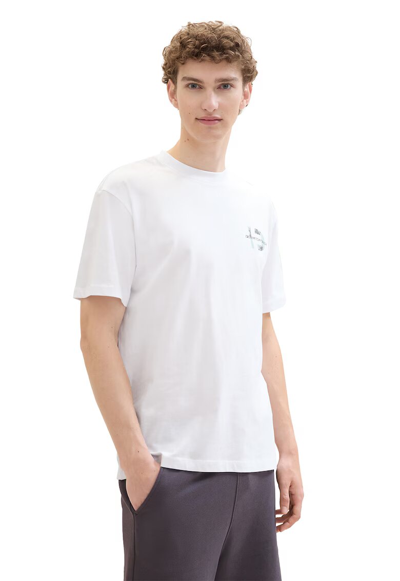 Tom Tailor Tricou cu decolteu la baza gatului si imprimeu tropical pe spate - Alb/Turcoaz