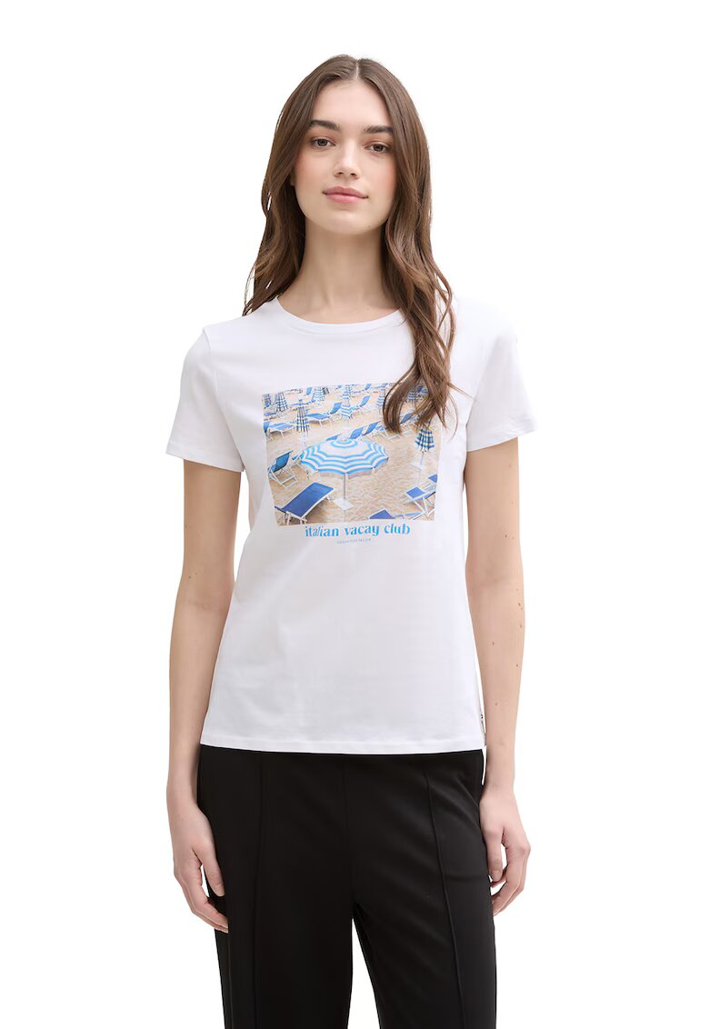 Tom Tailor Tricou de bumbac cu imprimeu foto - Alb/Albastru deschis