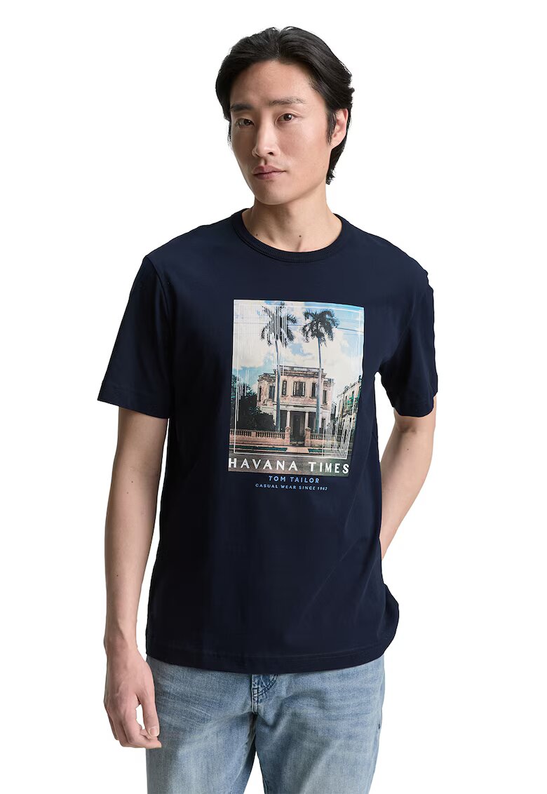Tom Tailor Tricou de bumbac cu imprimeu foto - Bleumarin