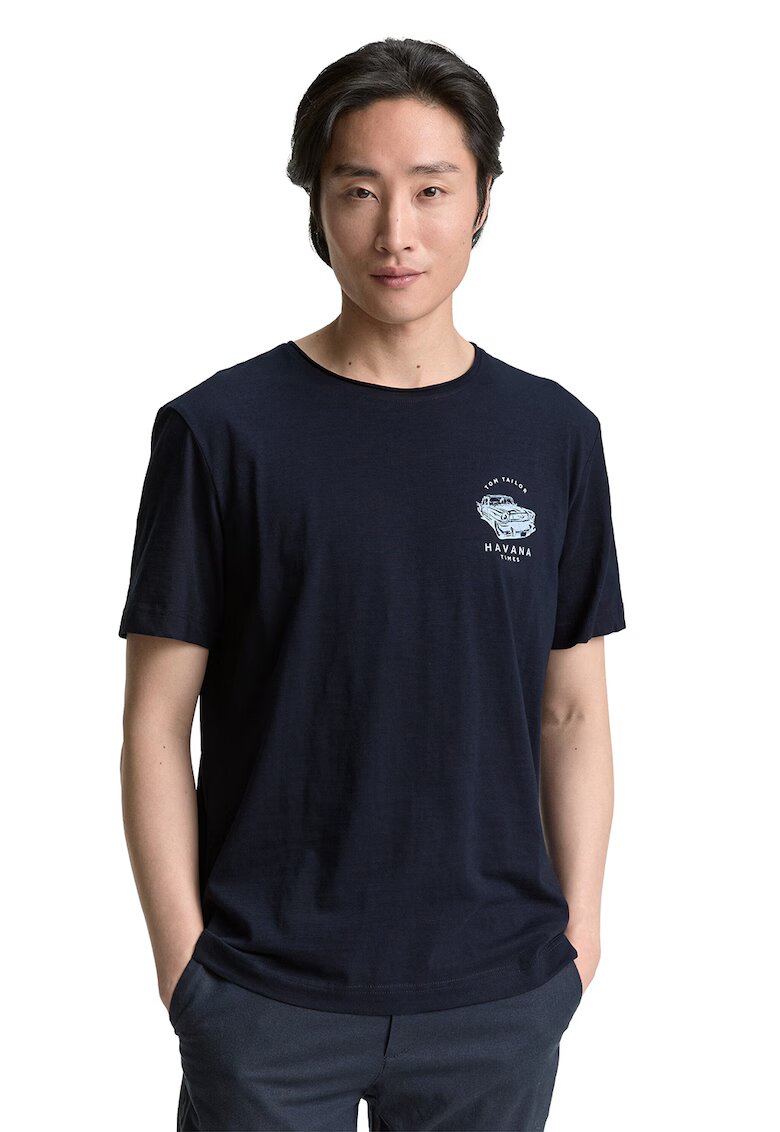 Tom Tailor Tricou de bumbac cu logo - Albastru ultramarin
