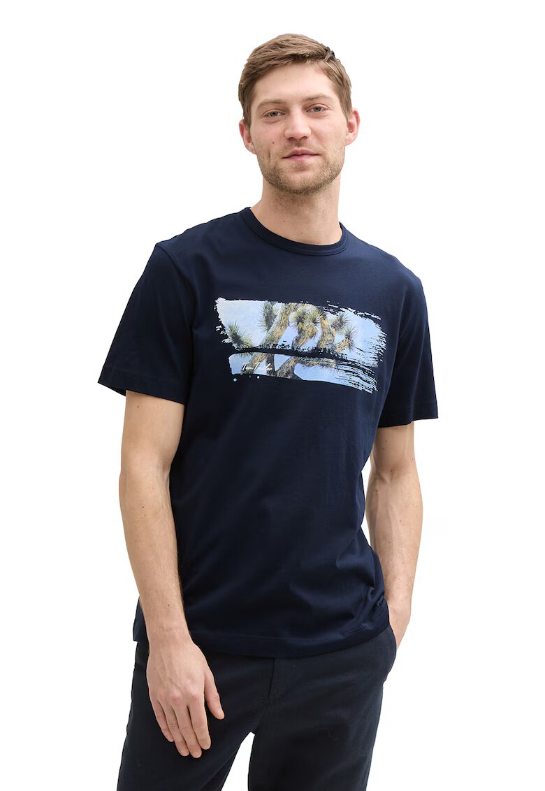 Tom Tailor Tricou de bumbac cu palmier - Albastru deschis/Bleumarin