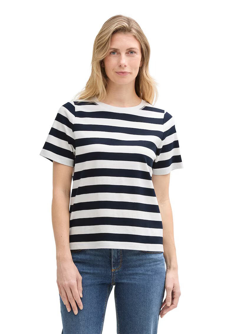 Tom Tailor Tricou din amestec de bumbac organic cu model in dungi - Alb/Bleumarin