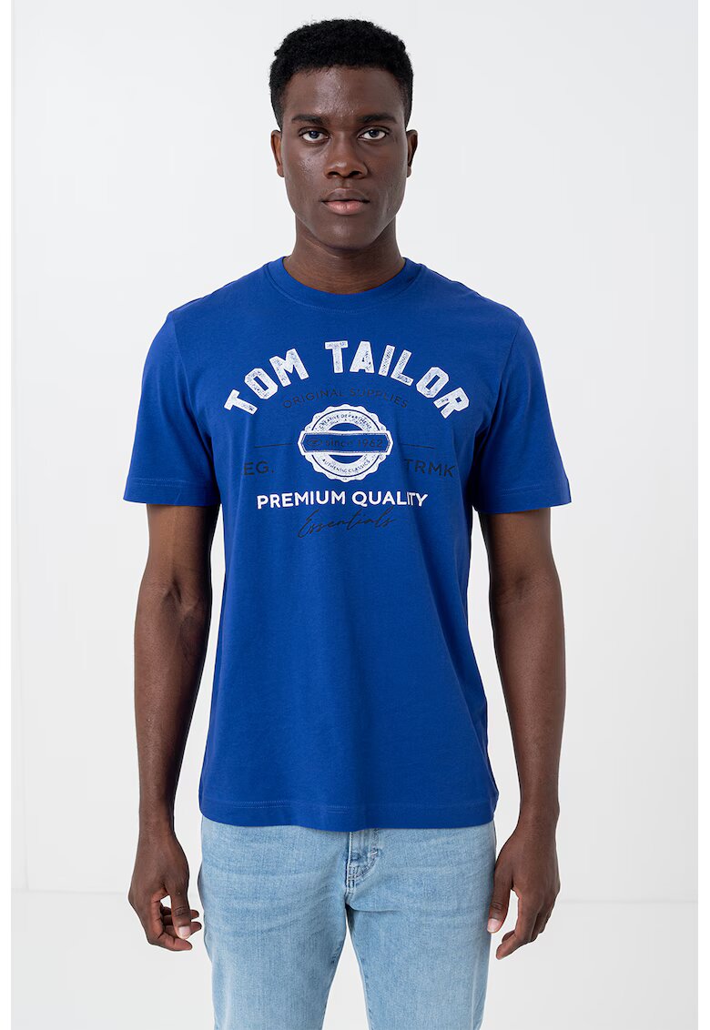 Tom Tailor Tricou din bumbac cu imprimeu logo - Alb/Albastru inchis