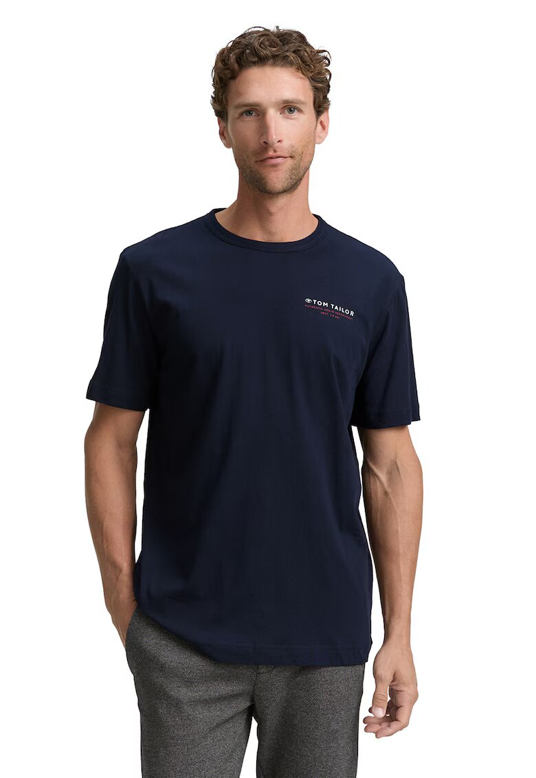 Tom Tailor Tricou regular fit cu decolteu la baza gatului - Alb/Bleumarin
