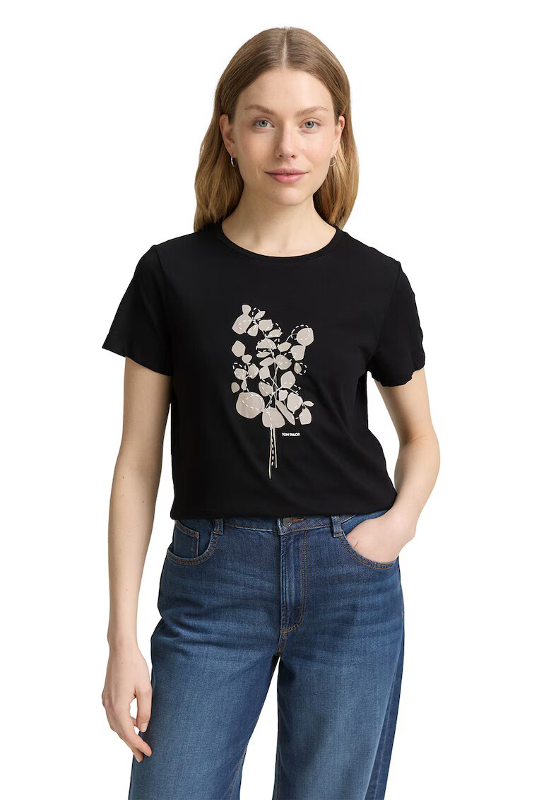 Tom Tailor Tricou regular fit din bumbac cu imprimeu - Negru/Bej deschis