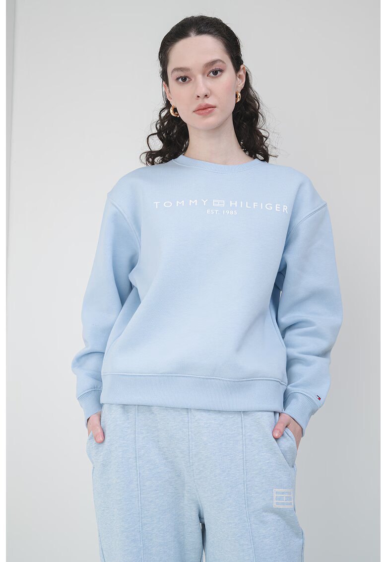Tommy Hilfiger Bluza de trening cu imprimeu logo si decolteu la baza gatului - Albastru deschis