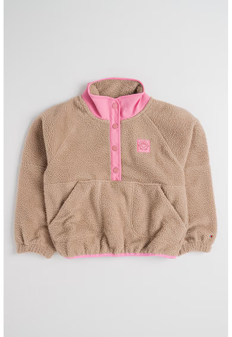 Tommy Hilfiger Bluza de trening din material fleece cu fenta cu capsa - Maro camel/Roz
