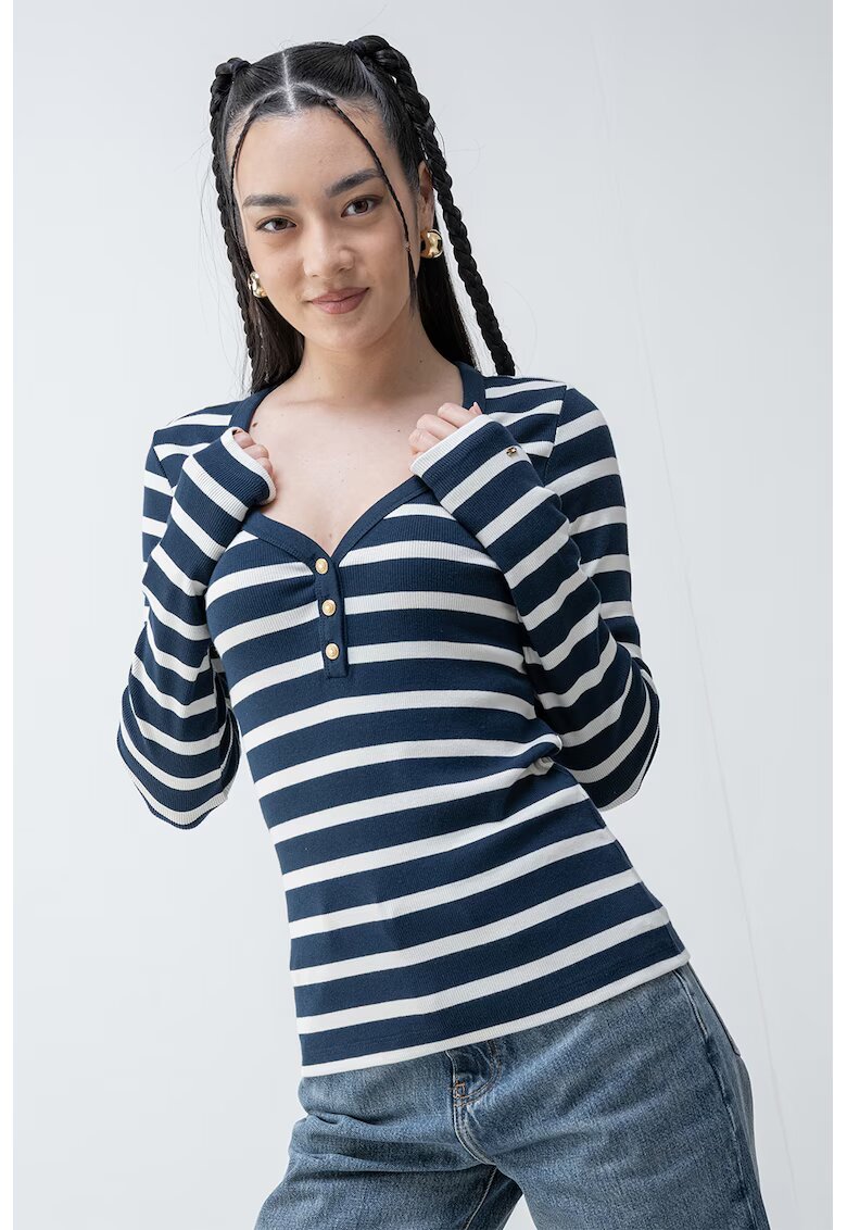 Tommy Hilfiger Bluza slim fit cu decolteu in V - Alb/Bleumarin