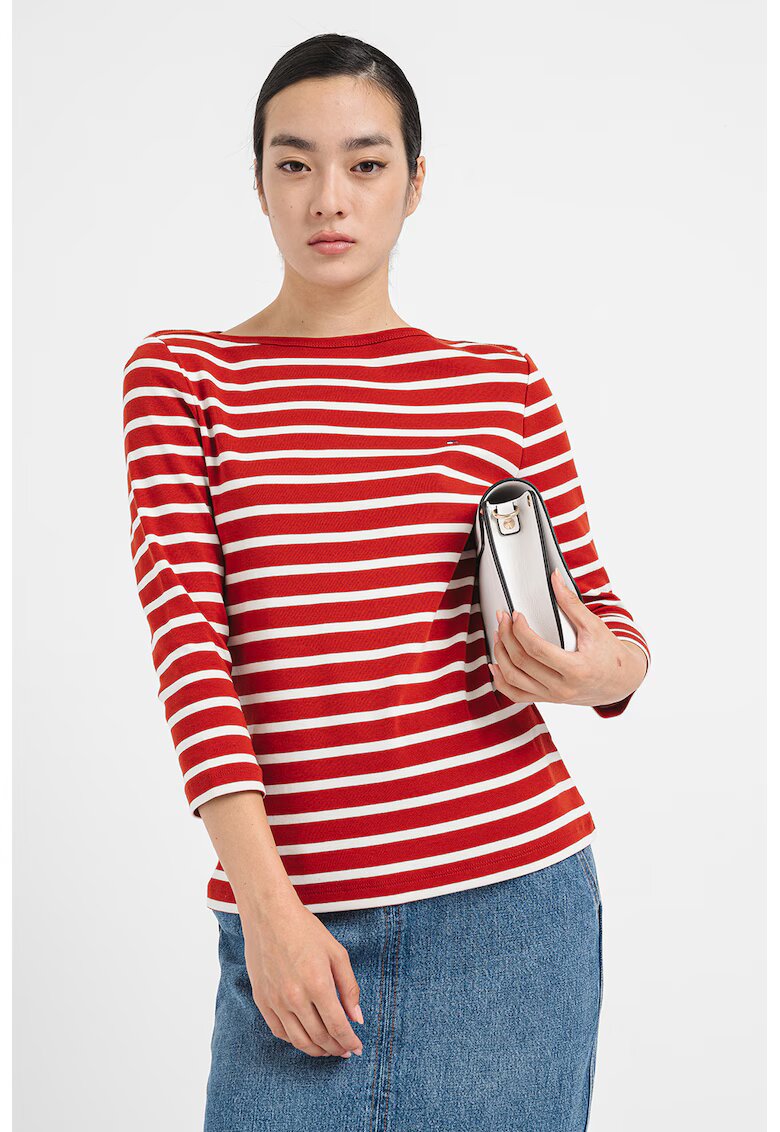 Tommy Hilfiger Bluza slim fit de bumbac cu maneci trei sferturi - Alb/Caramiziu