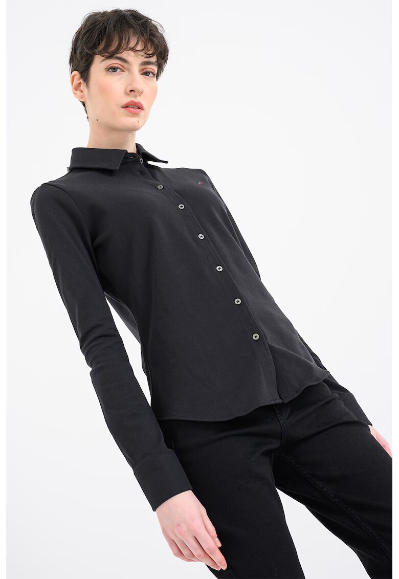 Tommy Hilfiger Camasa slim fit din material pique cu logo discret - Negru