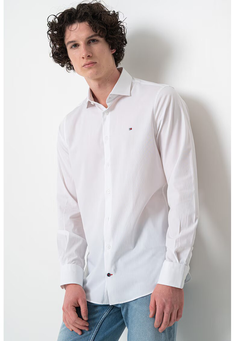 Tommy Hilfiger Camasa uni de bumbac cu maneci lungi - Alb