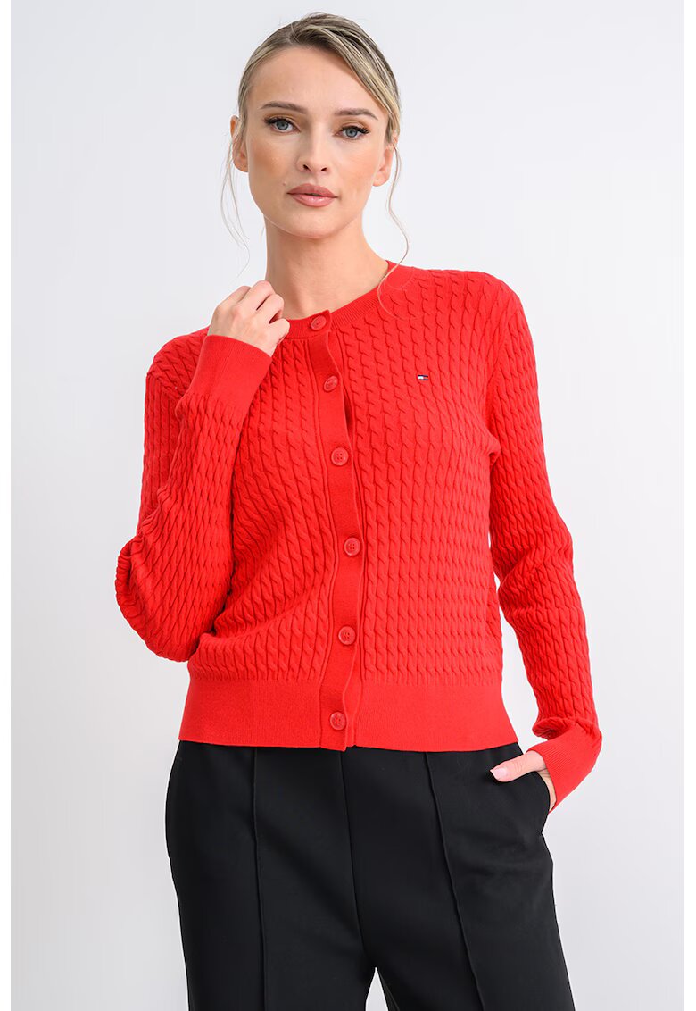 Tommy Hilfiger Cardigan din bumbac organic cu design torsade si nasturi - Rosu