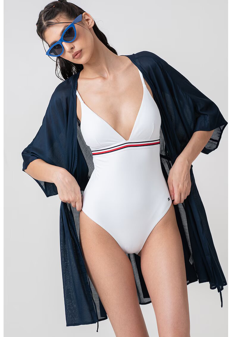 Tommy Hilfiger Costum de baie intreg cu decolteu in V - Rosu/Negru stins/Alb murdar