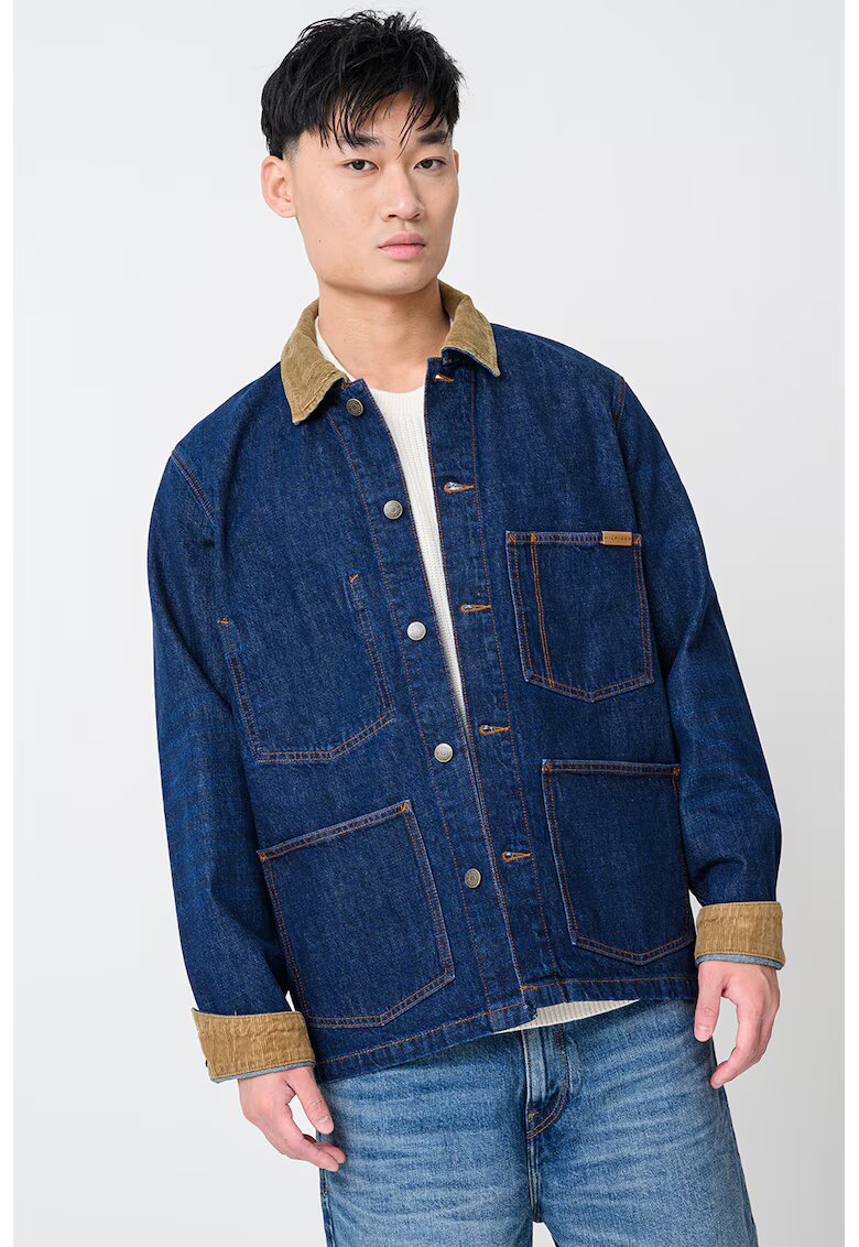 Tommy Hilfiger Jacheta din denim cu guler din reiat - Albastru inchis/Maro deschis